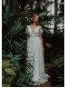 Short Sleeves Ivory 3D Lace Tulle Wedding Dress With Beaded Sash